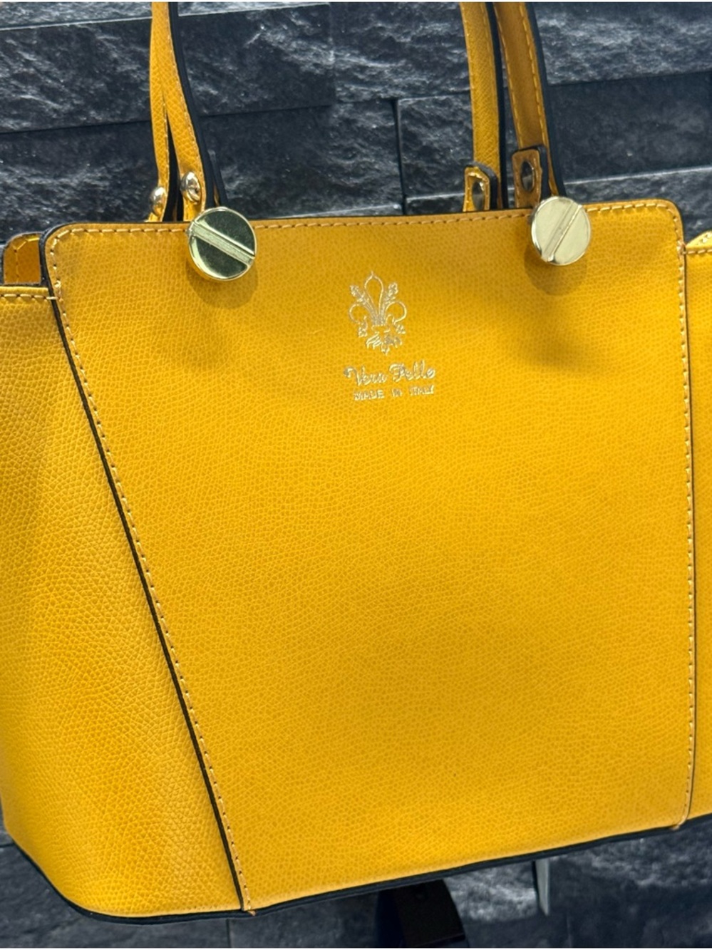 Vera Pelle Genuine Leather Structured Tote Mustard Yellow Pebbled Made in Italy - Picture 4 of 11